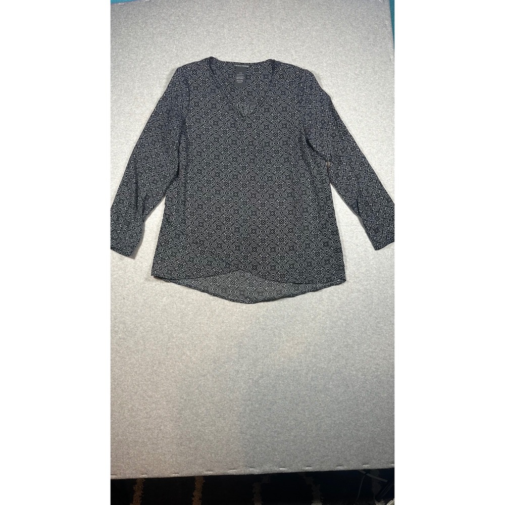 Chelsea & Theodore Womens Black White Geo Print V-Neck Blouse Work Top Size M